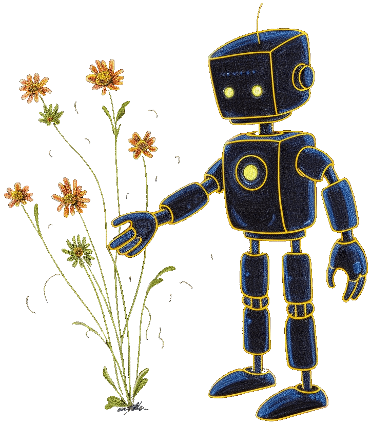 friendly robot picking flowers